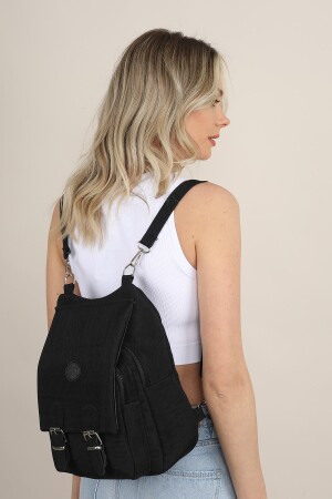 Schwarze Schulhandtasche und Rucksack aus Crinkle-Stoff für Damen MK1020121YT12-006 - 6