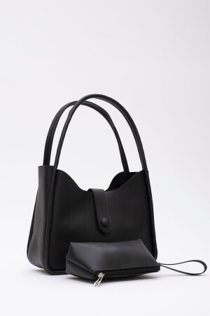 Schwarze Shk79 Hand- und Umhängetasche aus Leder mit Knopfdetail und Druckknopf-Make-up-Tasche E:30 U:22 B:10 - 2