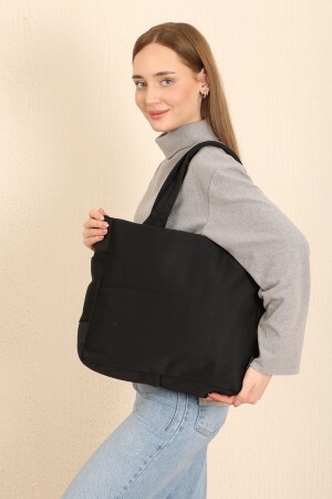 Schwarze U25 Damen-Umhängetasche aus Canvas mit 3 Fächern und 2 Taschen, detailliertem Reißverschluss, B: 35 E: 35 G - 1