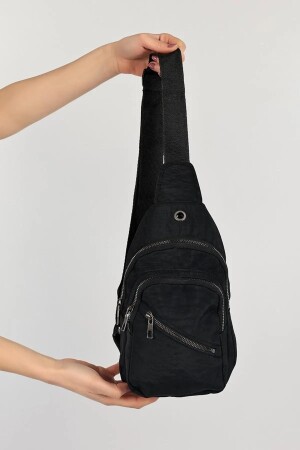 Schwarze Unisex-Brust- und Hüfttasche mit seitlichem Querverschluss – Tasche mit Kopfhörer-USB-Anschluss und Handyfach - 3