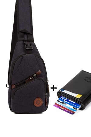 Schwarze Unisex-Umhängetasche aus Canvas-Stoff mit USB-Kopfhörerausgang und Kartenhalter mit Aluminiummechanismus LT-0240 - 1