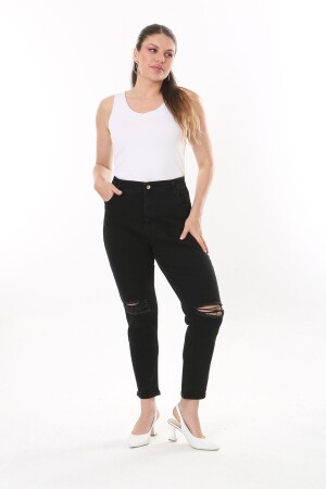 Schwarze, zerrissene, detaillierte 5-Pocket-Lycra-Denim-Hose für Damen in großen Größen 65N37828 - 1