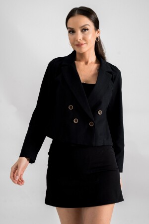 Schwarze zweireihige Gabardine-Kurzjacke mit Kragen für Damen ARM-24Y001010 - 1