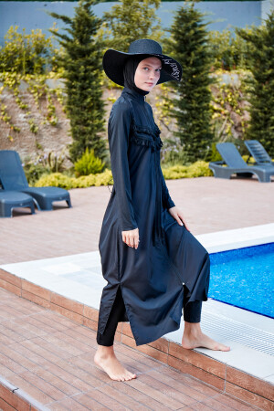 Schwarzer 4-teiliger langer, vollständig bedeckter Hijab-Badeanzug mit Quasten und Fallschirmmuster, 1998 50835 - 1