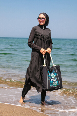 Schwarzer 4-teiliger langer, vollständig bedeckter Hijab-Badeanzug mit Quasten und Fallschirmmuster, 1998 50835 - 3