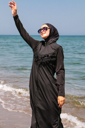 Schwarzer 4-teiliger langer, vollständig bedeckter Hijab-Badeanzug mit Quasten und Fallschirmmuster, 1998 50835 - 4