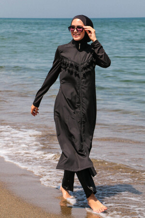 Schwarzer 4-teiliger langer, vollständig bedeckter Hijab-Badeanzug mit Quasten und Fallschirmmuster, 1998 50835 - 5