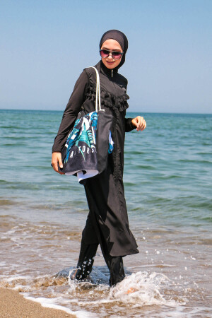 Schwarzer 4-teiliger langer, vollständig bedeckter Hijab-Badeanzug mit Quasten und Fallschirmmuster, 1998 50835 - 6