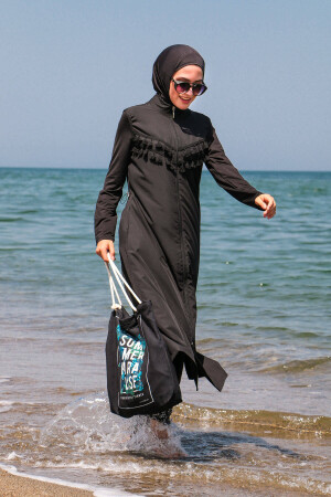 Schwarzer 4-teiliger langer, vollständig bedeckter Hijab-Badeanzug mit Quasten und Fallschirmmuster, 1998 50835 - 7