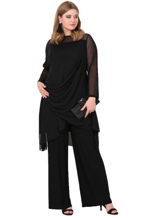 Schwarzer Abendkleid-Hosen-Tunika-Anzug für Damen KL7894 - 1