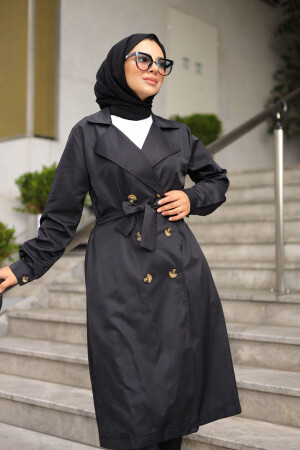 Schwarzer Hijab-Trenchcoat mit zweireihigem Kragen und Knöpfen IMJ000442 - 1