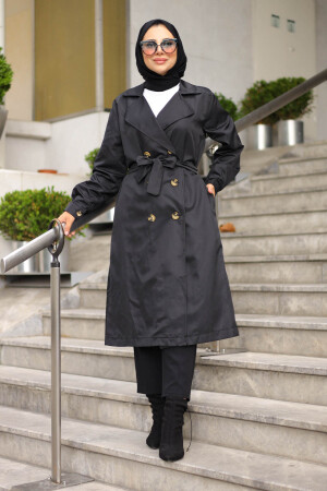 Schwarzer Hijab-Trenchcoat mit zweireihigem Kragen und Knöpfen IMJ000442 - 4