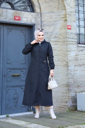 Schwarzer, innen gestreifter, wasserdichter langer Damen-Trenchcoat mit Vordertaschen und Selbstfutter - 1