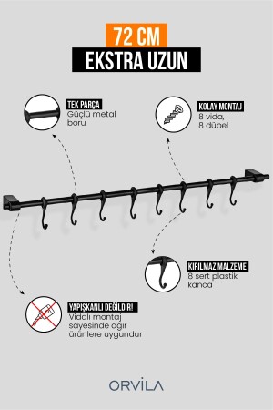 Schwarzer Kleiderbügel aus Metall für Küche und Bad, Mehrzweck-Kleiderbügel aus Eisen mit 8 Haken, Maxi 72 cm, dop6937329igo - 2