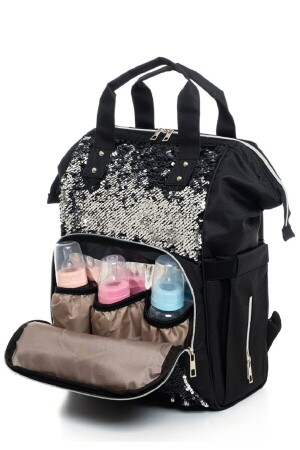 Schwarzer Mutter-Rucksack für Damen, Babyflasche, Thermoskanne, Pailletten-Babypflegetasche, funktionell - 1