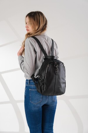 Schwarzer Rucksack mit 9 Fächern und Geldbörse für Damen, Kombination TM1019-5 - 4