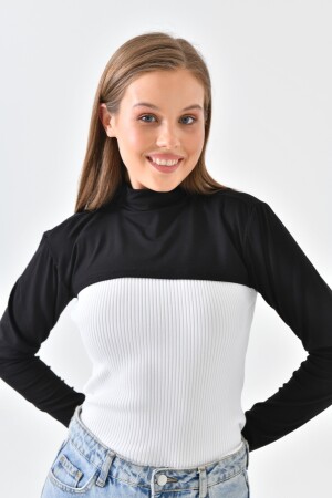 Schwarzer Stehkragen-Halskragen aus gekämmter Baumwolle, kurzes Bolero-Crop mit halbem Rollkragen und langen Ärmeln MRC014 - 4