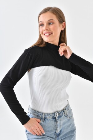 Schwarzer Stehkragen-Halskragen aus gekämmter Baumwolle, kurzes Bolero-Crop mit halbem Rollkragen und langen Ärmeln MRC014 - 6