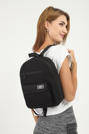 Schwarzer U15 Unisex-Rucksack mit 3 Fächern auf der Vorderseite und detailliertem Canvas-Stoff, L: 30 E: 25 B: 9 - 2