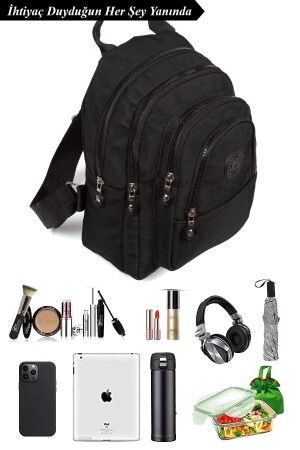 Schwarzer Unisex-Schulrucksack aus Crinkle-Stoff mit mehreren Fächern und Alltagsrucksack mit mehreren Fächern AVD3030 - 5