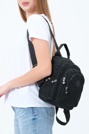 Schwarzer Unisex-Schulrucksack aus Crinkle-Stoff mit mehreren Fächern und täglicher Rucksack mit mehreren Fächern - 3