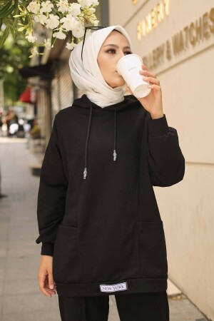 Schwarzer zweifädiger Hijab-Anzug mit Etikett auf der Vorderseite MGL4292 - 5