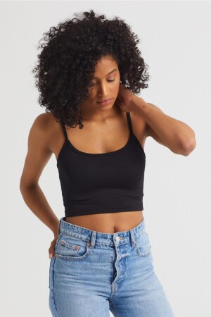 Schwarzes Crop-Top für Damen aus Scuba-Stoff mit Seilträgern - 4