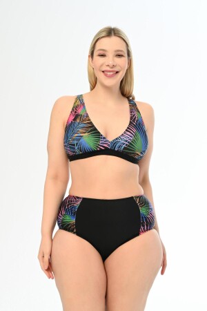 Schwarzes Damen-Bikini-Set mit Palmenmuster, Übergröße, hohe Taille und Schmetterling - 1