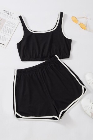 Schwarzes Damen-Nachthemd-Set mit Trägertop und Shorts - 1