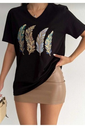 Schwarzes Damen-T-Shirt mit V-Ausschnitt und Paillettenstickerei aus 100 % Baumwolle in Übergrößen - Esra Butik Hane