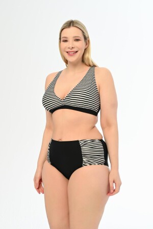 Schwarzes, dünnes, gestreiftes Damen-Bikini-Set in Übergröße mit hoher Taille und Schmetterlingsmuster - 1