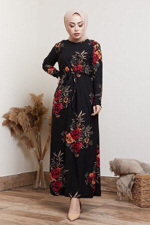 Schwarzes Hijab-Kleid mit Blumenmuster für Damen - 1