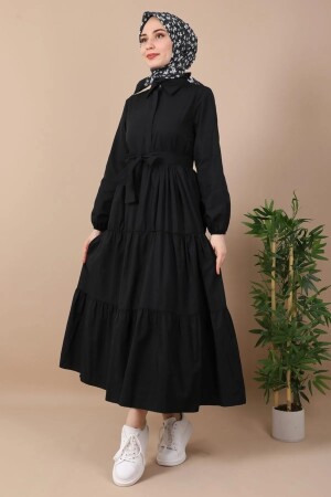 Schwarzes Kleid mit Standardkragen und geknöpftem Gürtel - 4