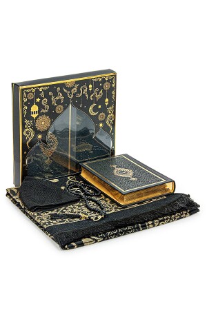 Schwarzes Koran-Geschenk-Gebetsteppich-Set aus Thermoleder, geeignet für die Mitgift des Bräutigams, 115 x 60 - 1