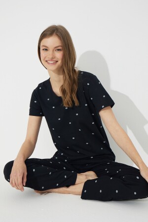 Schwarzes Kurzarm-Pyjama-Set aus Baumwolle 7612 - 1