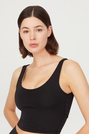 Schwarzes, leicht unterstütztes Bustier-Crop-Top mit Ausschnitt am Rücken - 1