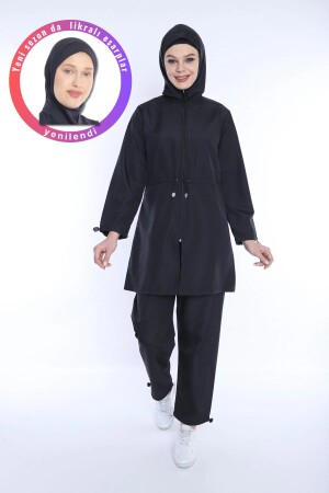 Schwarzes Lycra-Kopftuch, 4-teiliger, vollständig bedeckter, wasserabweisender, schnell trocknender Hijab-Badeanzug mit Reißverschluss TMS1011 - 1