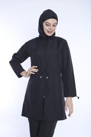 Schwarzes Lycra-Kopftuch, 4-teiliger, vollständig bedeckter, wasserabweisender, schnell trocknender Hijab-Badeanzug mit Reißverschluss TMS1011 - 2