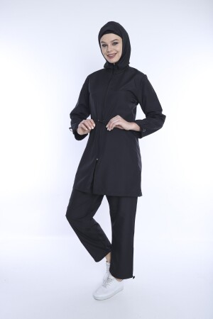 Schwarzes Lycra-Kopftuch, 4-teiliger, vollständig bedeckter, wasserabweisender, schnell trocknender Hijab-Badeanzug mit Reißverschluss TMS1011 - 4