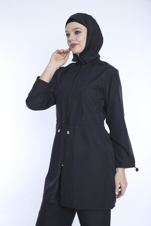 Schwarzes Lycra-Kopftuch, 4-teiliger, vollständig bedeckter, wasserabweisender, schnell trocknender Hijab-Badeanzug mit Reißverschluss TMS1011 - 5