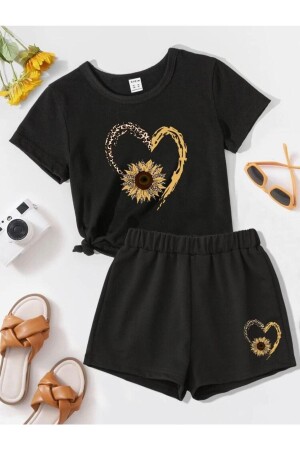 Schwarzes Mädchen-Jungen-Shorts-T-Shirt-Set mit Gänseblümchen-Print Kalpp3 - 1