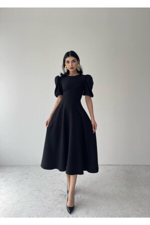 Schwarzes Midikleid mit Wassermelonenärmeln - 1