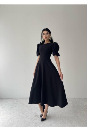 Schwarzes Midikleid mit Wassermelonenärmeln - 5