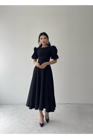 Schwarzes Midikleid mit Wassermelonenärmeln - 8