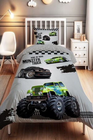 Schwarzes Monster Truck-gemustertes Einzelbettbezug-Set für Babys und Kinder - 2