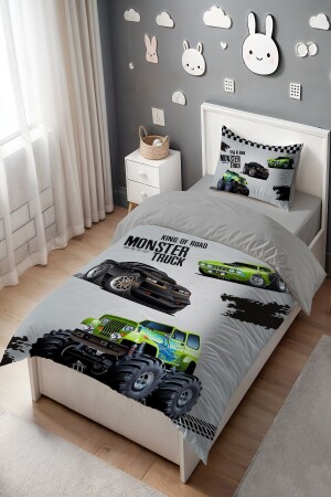 Schwarzes Monster Truck-gemustertes Einzelbettbezug-Set für Babys und Kinder - 5