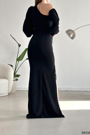 Schwarzes One-Shoulder-Kleid mit offenen Details aus importiertem Kreppstoff in Maxilänge mit langen Ärmeln - 4