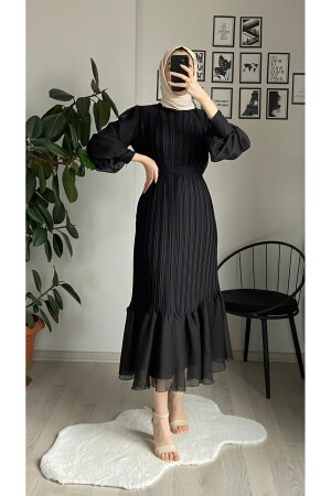 Schwarzes, plissiertes Hijab-Kleid aus Chiffon - 2