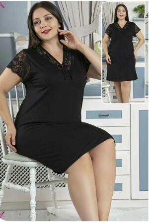 Schwarzes Plus-Size-Nachthemd aus gekämmter Baumwolle mit Spitzenkragen und kurzen Ärmeln, 4XL, Größe 42592 - 2