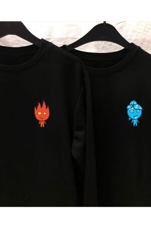 Schwarzes Rundhals-Sweatshirt mit doppelter Kombination aus Feuer und Wasser mit Aufdruck mancysateşvesubsktlyaka - 1